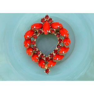 Vintage 1960s Opaque Orange Rhinestone Heart Brooc